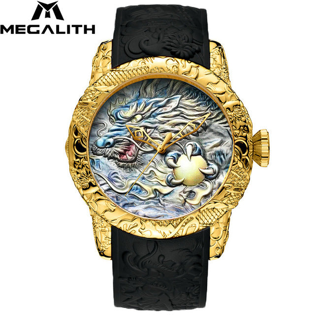 MEGALITH Fashion Gold Dragon Sculpture Watch Men Quartz Watch Waterproof Big Dial Sport Watches Men Watch Top Luxury Brand Clock