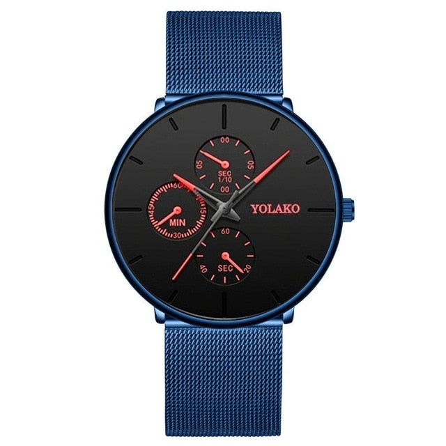 2020 Fashion Mens Business Blue Stainless Steel Mesh Belt Quartz Wrist Watch Luxury Men Ultra Thin Casual Classic Watch