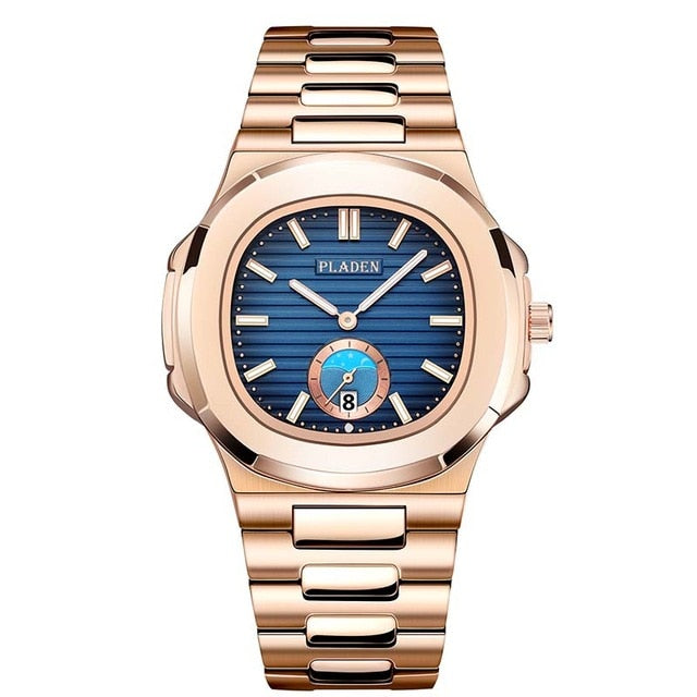PLADEN Unique Watch Men Luxury Gold Mens Watches Top Brand Luxury Stainless Steel Mens Fashion Blue Quartz Watch Gifts For Men