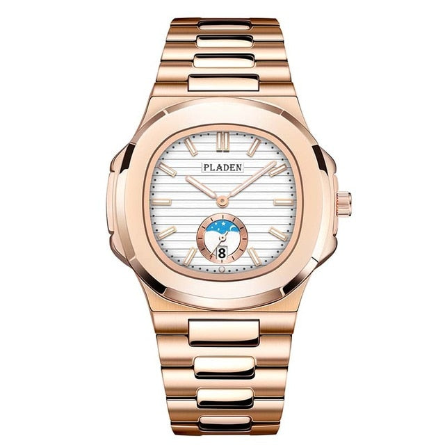 PLADEN Unique Watch Men Luxury Gold Mens Watches Top Brand Luxury Stainless Steel Mens Fashion Blue Quartz Watch Gifts For Men