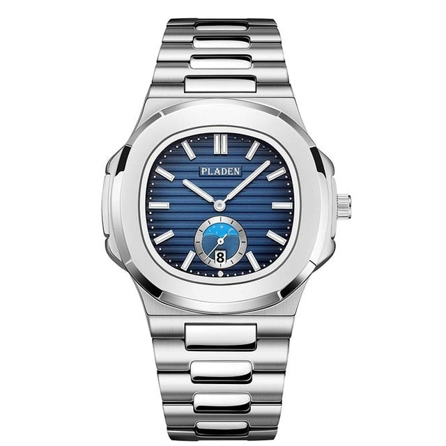 PLADEN Unique Watch Men Luxury Gold Mens Watches Top Brand Luxury Stainless Steel Mens Fashion Blue Quartz Watch Gifts For Men