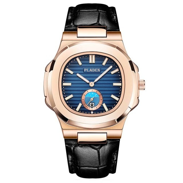 PLADEN Unique Watch Men Luxury Gold Mens Watches Top Brand Luxury Stainless Steel Mens Fashion Blue Quartz Watch Gifts For Men