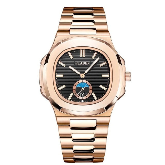 PLADEN Unique Watch Men Luxury Gold Mens Watches Top Brand Luxury Stainless Steel Mens Fashion Blue Quartz Watch Gifts For Men