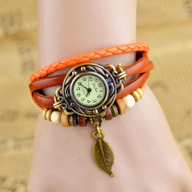 Top Brand Womens Watches Retro Weave Wrap Leather Band Bead Leaf Dangle Quartz Women Casual Watch Bracelet relogio masculino %