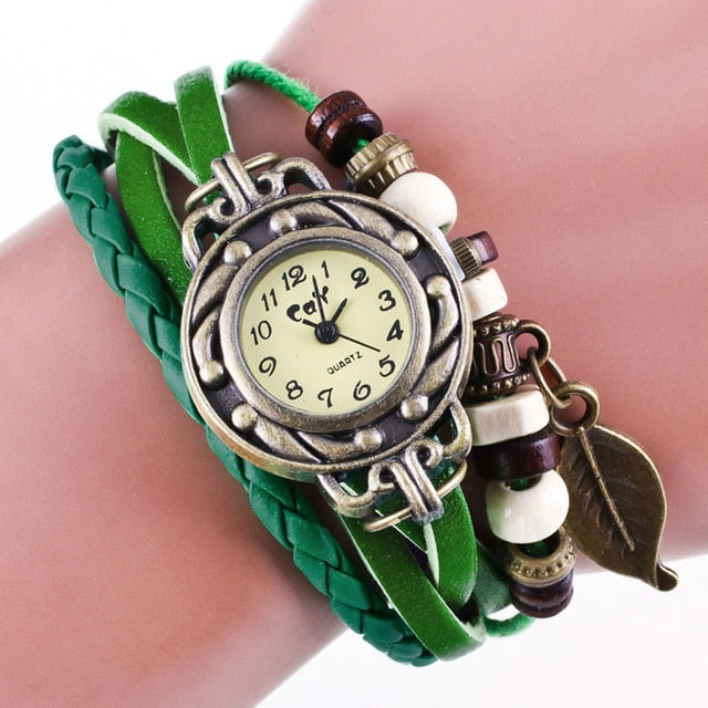 Top Brand Womens Watches Retro Weave Wrap Leather Band Bead Leaf Dangle Quartz Women Casual Watch Bracelet relogio masculino %