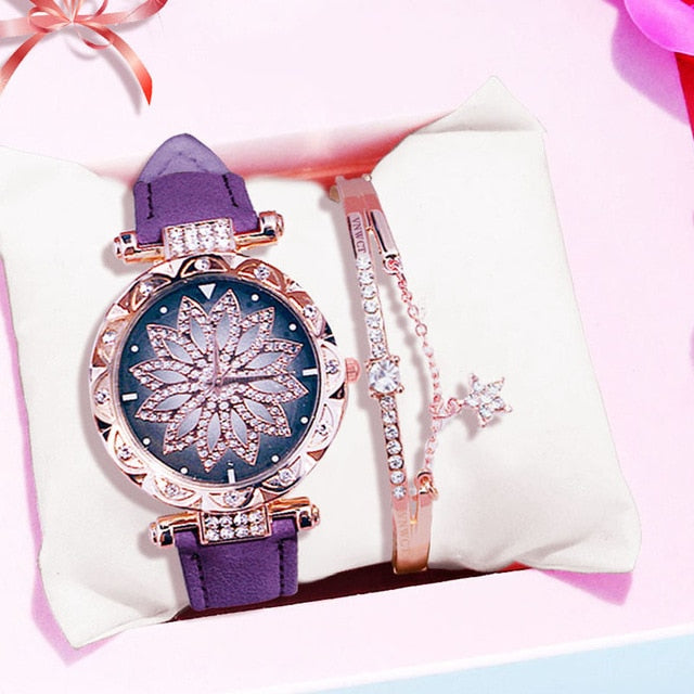 Luxury Women Watches Bracelet set Starry Sky Ladies Bracelet Watch Casual Leather Quartz Wristwatch Clock gift Relogio Feminino