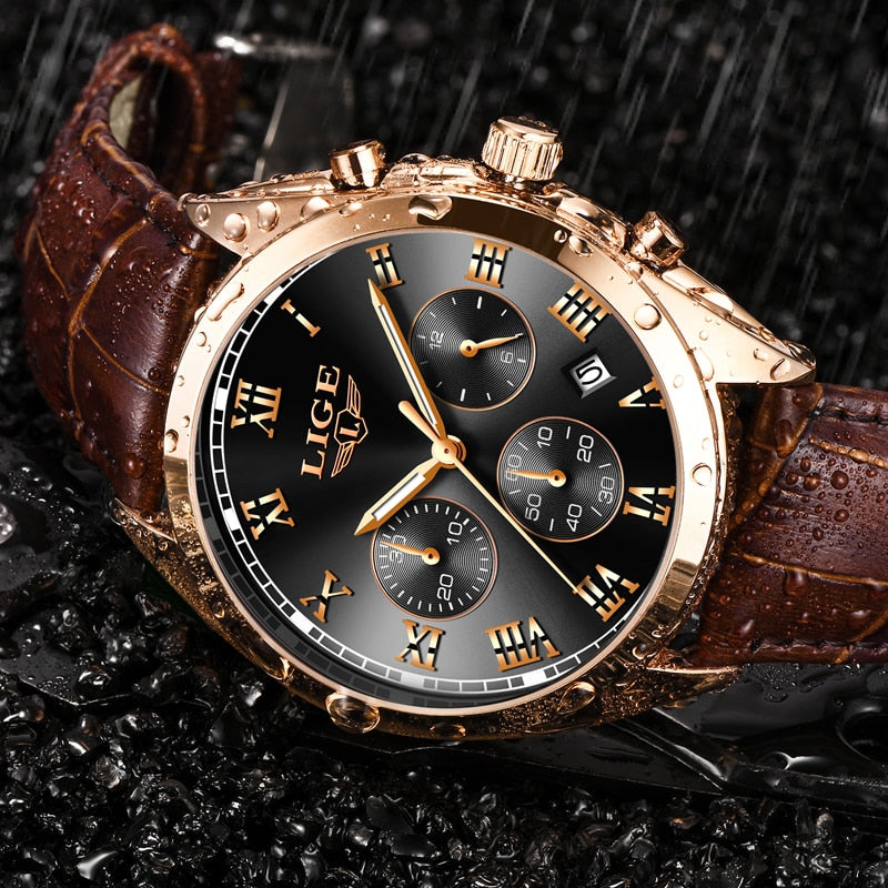 2020 LIGE Mens Watches Top Brand Luxury Waterproof 24 Hour Date Quartz Clock  Male Leather Sport Wrist Watch Relogio Masculino