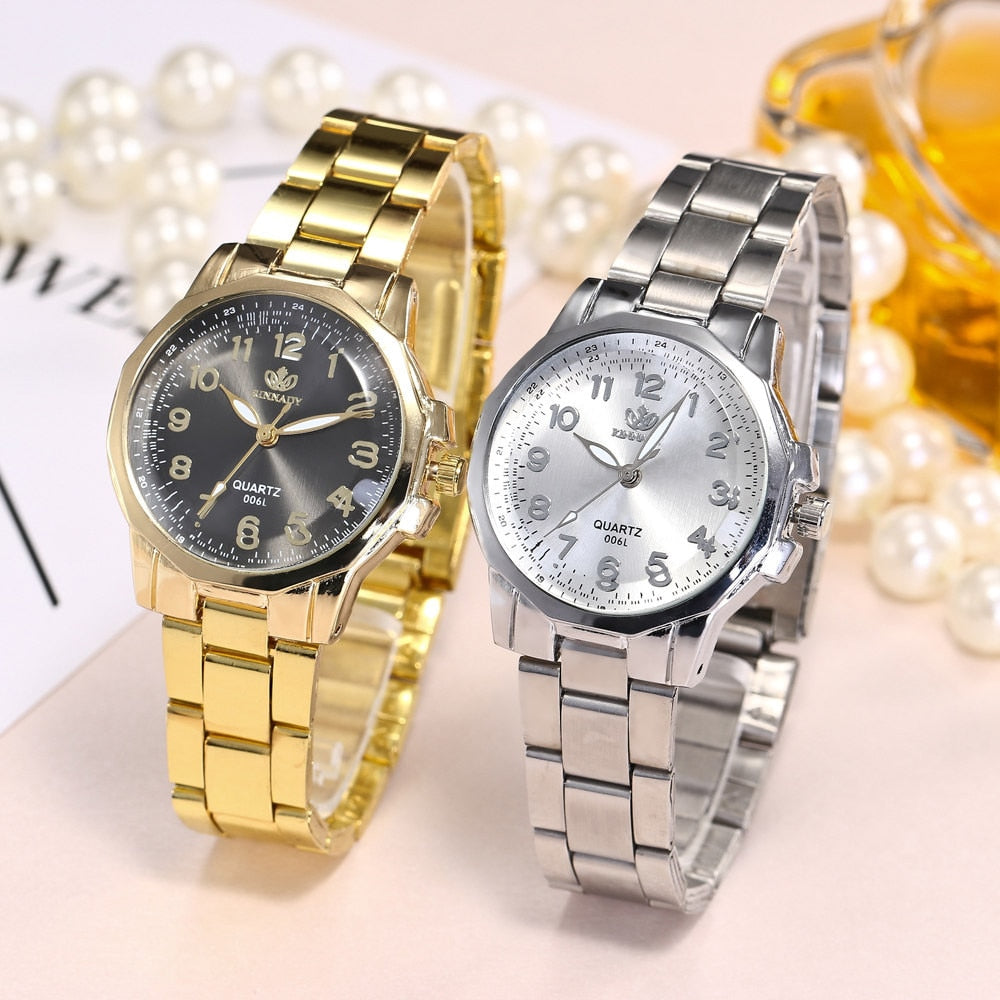 Women Arabic numerals Dial Alloy Gold Watches Stainless Steel Band Analog Quartz Round Wrist Watch Watches Female Reloj Mujer