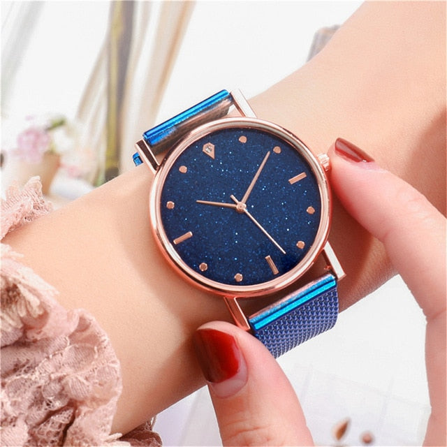 Reloj Mujer Watch Women Fashion Luxury Starry Sky Casual Rose Gold Quartz Wristatch Ladies Clock Simple Dress Gift Montre Femme