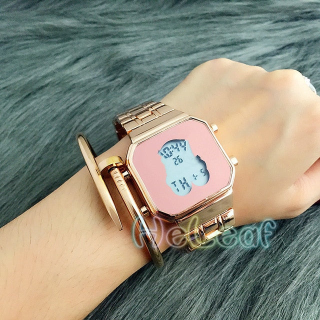 Fashion Silver Gold Rose Stainless Square electronic Women Watch Ladies Girls Famous Brand Female bear Clock Montre Femme reloj