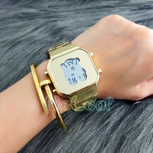 Fashion Silver Gold Rose Stainless Square electronic Women Watch Ladies Girls Famous Brand Female bear Clock Montre Femme reloj