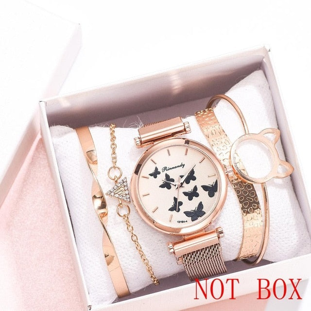 5PCS Watch With Bracelet Luxury Women's Wristwatch Fashion Bangle Ladies Dress Wrist Watch Elegante Clock Gift Relogio