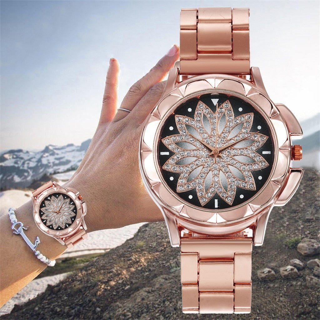 Fashion Women Watches Ladies watch  Female Steel Belt Rose Gold Flower Dial Wrist Watch часы женские reloj mujer Gifts /d