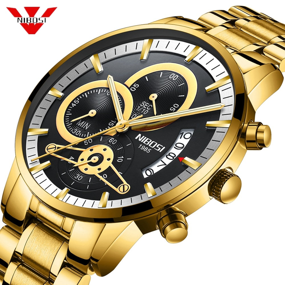 NIBOSI Mens Watches Luxury Top Brand Gold Watch Men Relogio Masculino Automatic Date Watch Quartz Luminous Calendar Wristwatch