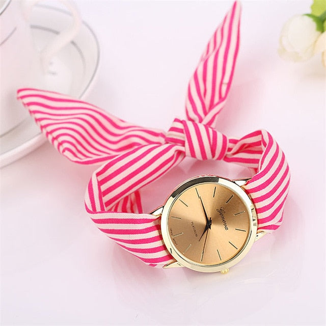 Women Girl Watches New Fashion bow-knot Stripe Floral Cloth Quartz Bracelet Wristwatch Luxury Ladies Dress Clock reloj mujer#c