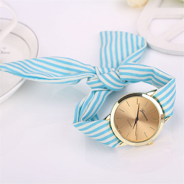 Women Girl Watches New Fashion bow-knot Stripe Floral Cloth Quartz Bracelet Wristwatch Luxury Ladies Dress Clock reloj mujer#c